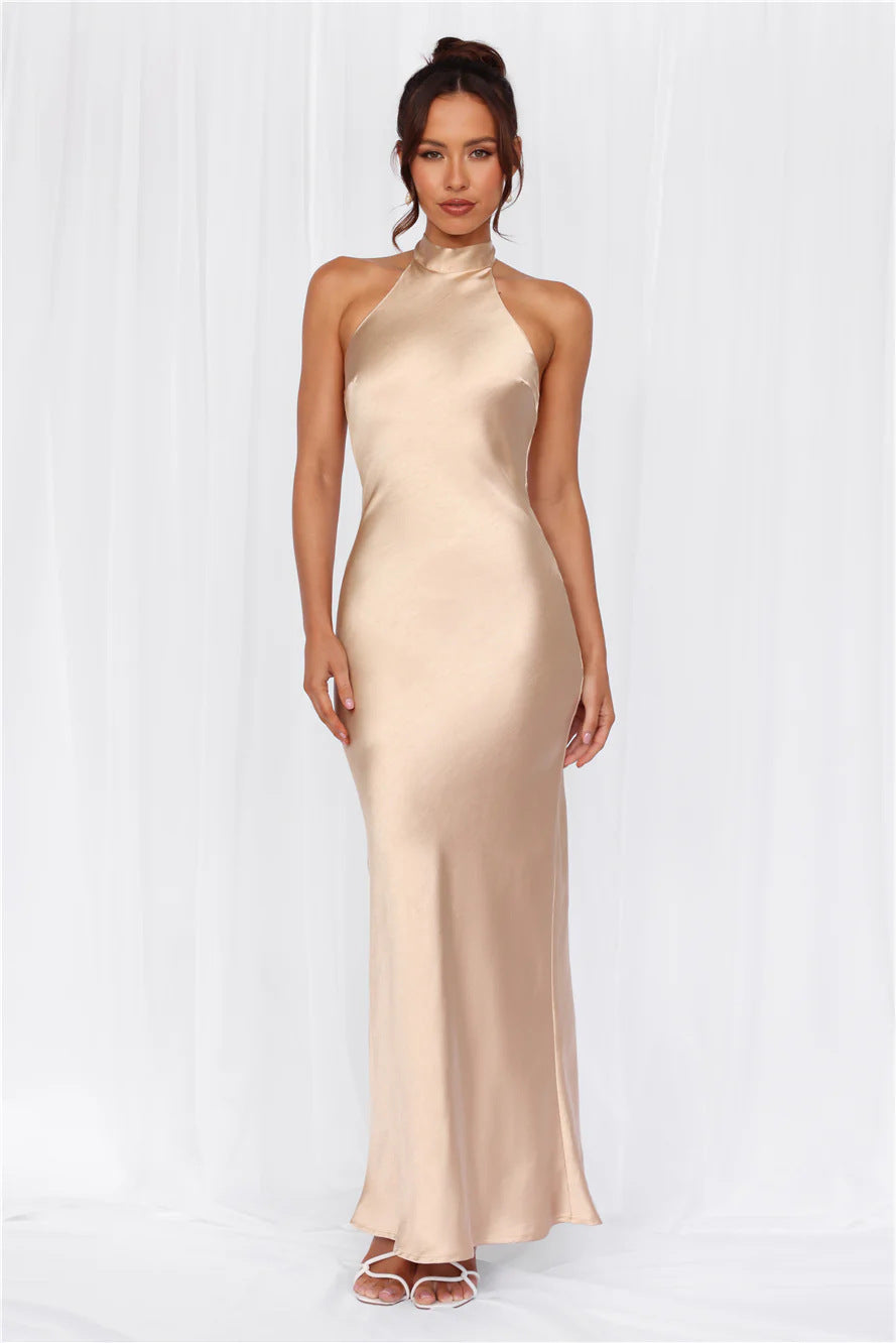 Ladies Elegant Maxi Dress with High Neck Design and Shimmering Satin Finish Lune London