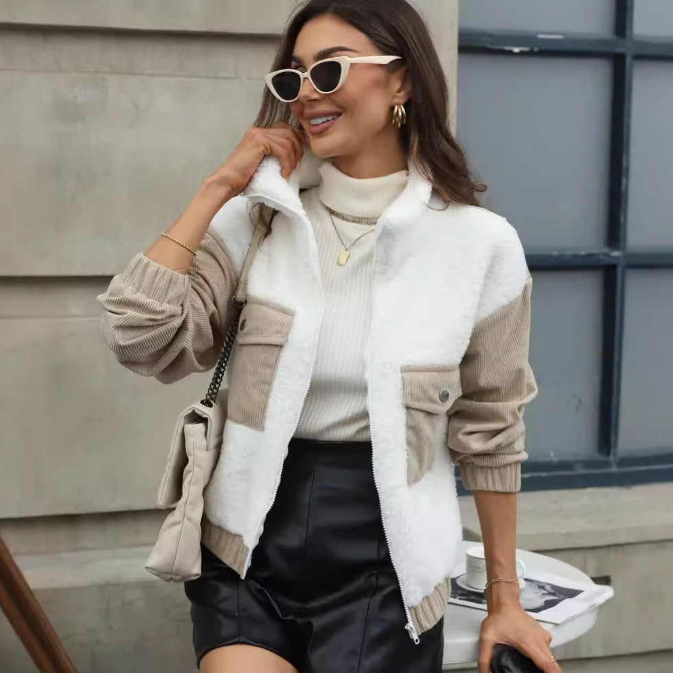 Fleece jacket for women with hood and trendy corduroy details Lune London