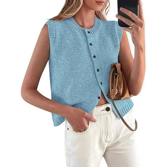 Women's Casual Knitted Vest with Button Placket and Round Neck Lune London