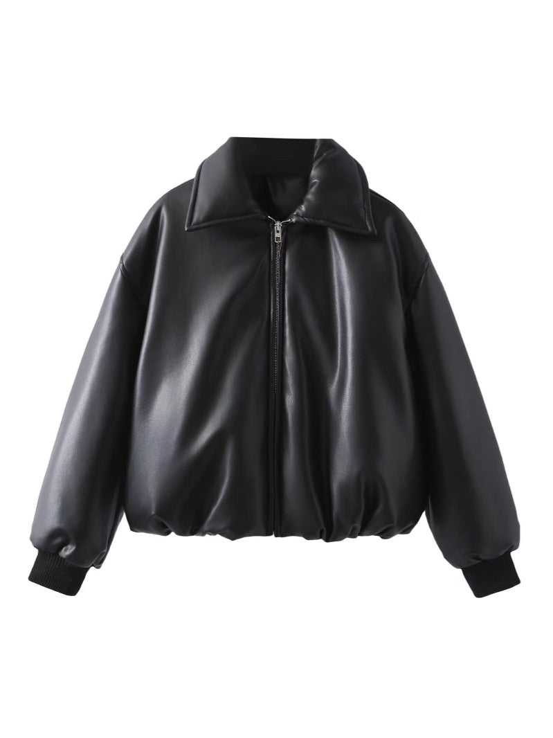 Quilted jacket for women in faux leather with high collar and elastic cuff Lune London