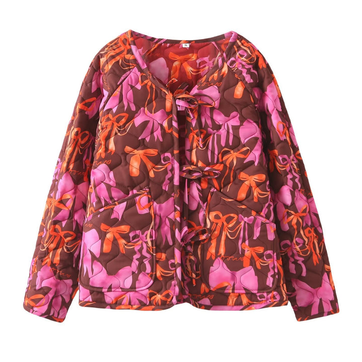 Transitional jacket for women, quilted and with a colorful bow pattern Lune London