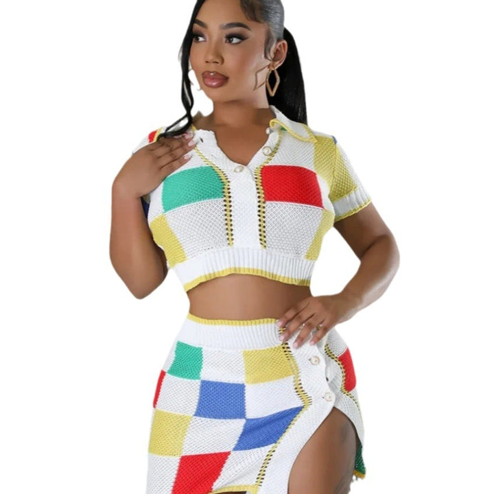 Women's outfit consisting of a trendy crop top and a fitted skirt with button details Lune London