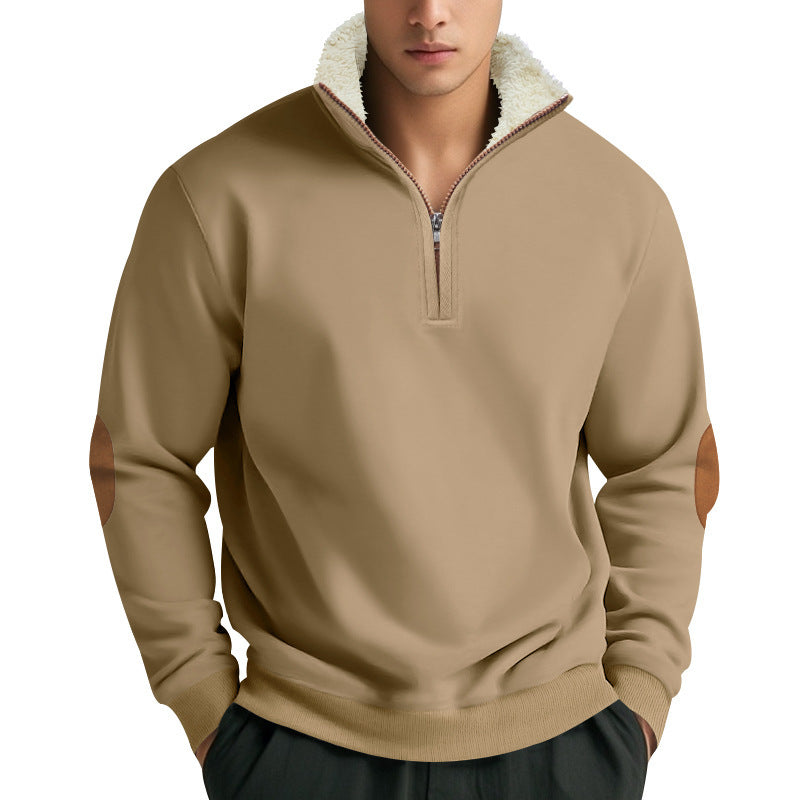 Trendy fleece pullover for men with half-zip and contrasting elbow patches Lune London