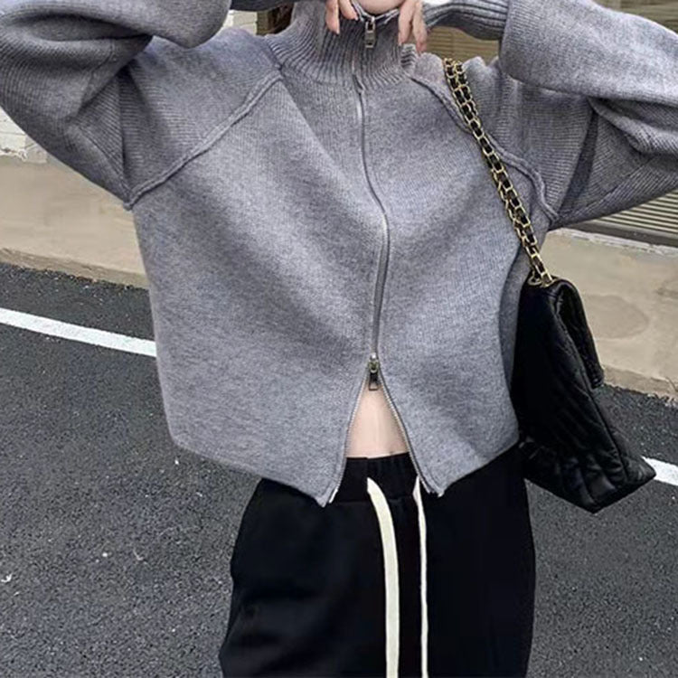 Knitted jacket for women with high-quality zipper and stand-up collar Lune London