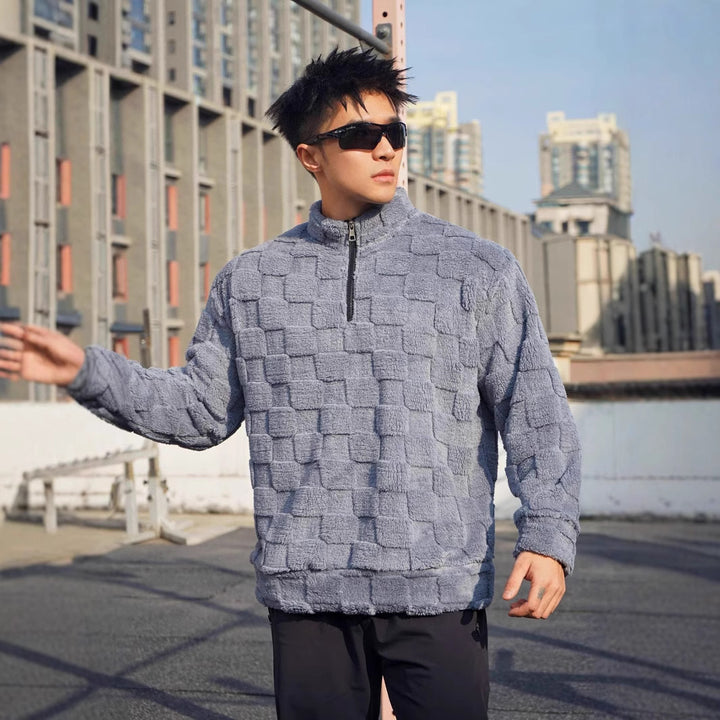 Men's fleece pullover with structured surface texture and high collar Lune London
