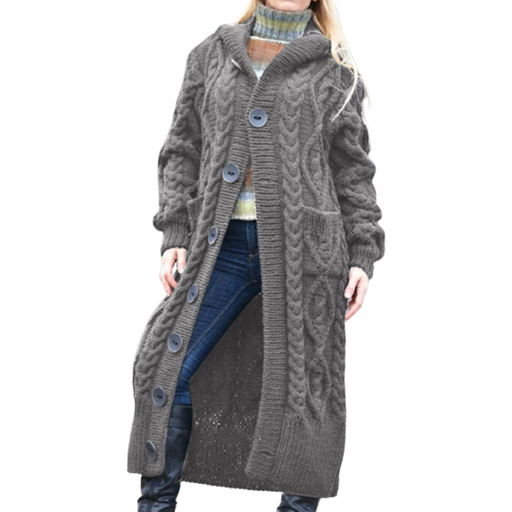 Women Long Knitted Coat with Hood and Classic Braid Design Lune London