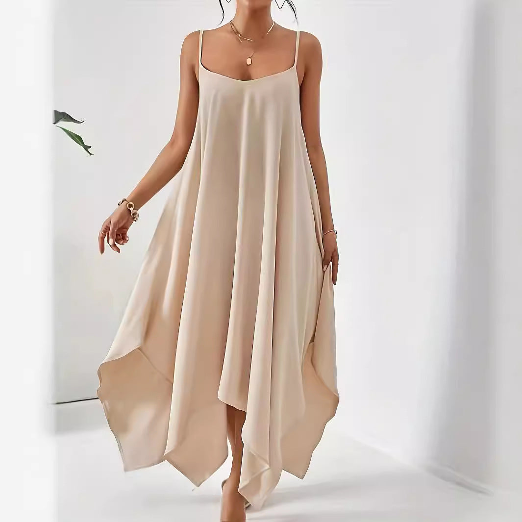 Aerial maxi dress for women with asymmetrical hem and thin spaghetti straps Lune London