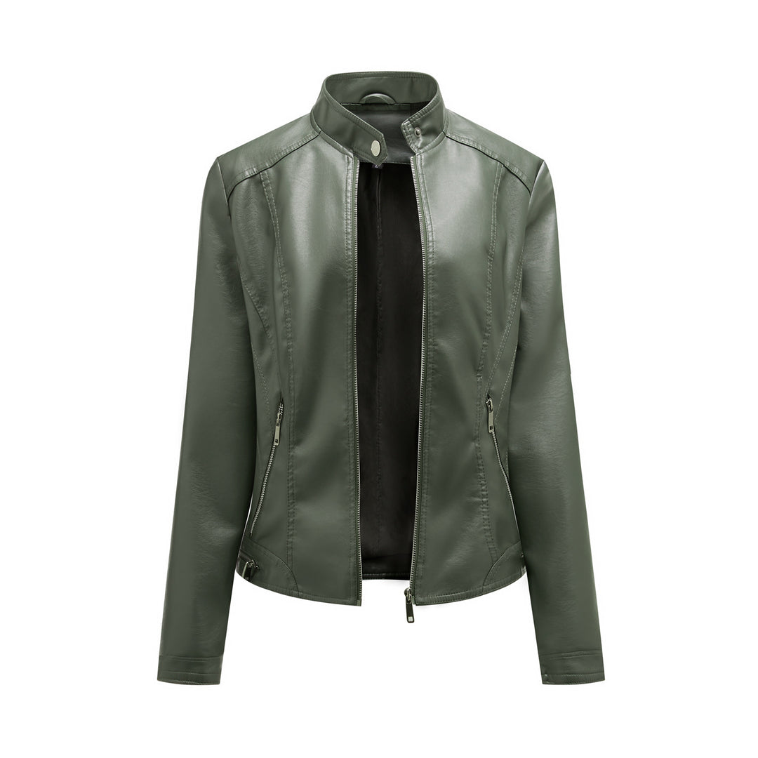Faux leather jacket for women with elegant high collar and practical zippered pockets Lune London