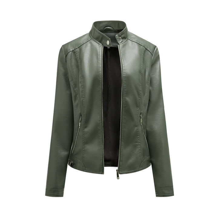 Faux leather jacket for women with elegant high collar and practical zippered pockets Lune London