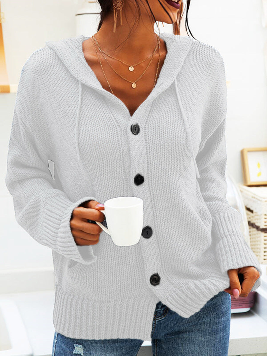 Ladies chunky knit cardigan with hood and practical pockets Lune London