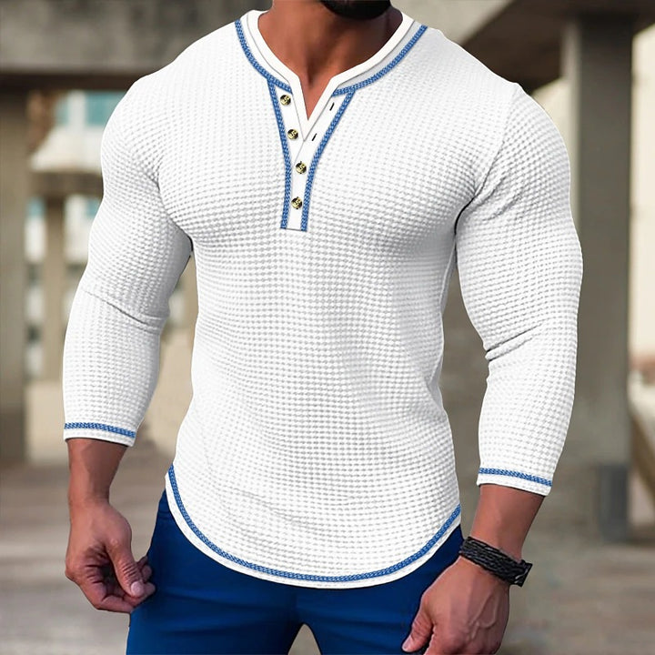Men's long sleeve Henley shirt with textured design and button placket Lune London