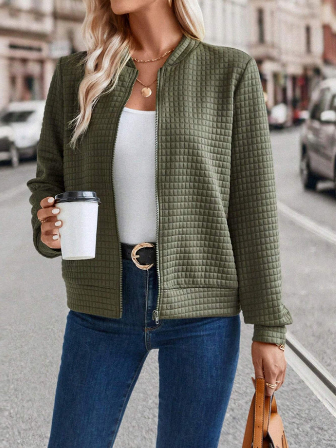 Ladies high collar quilted jacket with zipper Lune London
