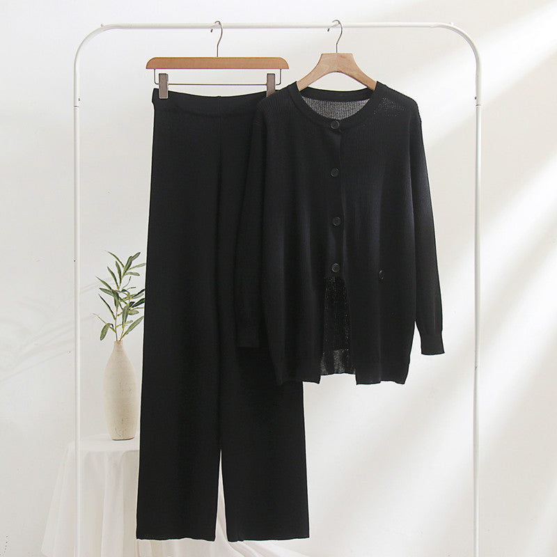Knit loungewear set for women with a fine ribbed pattern and notable button details Lune London