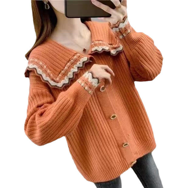 Knitted jacket for women with decorative collar and large buttons Lune London