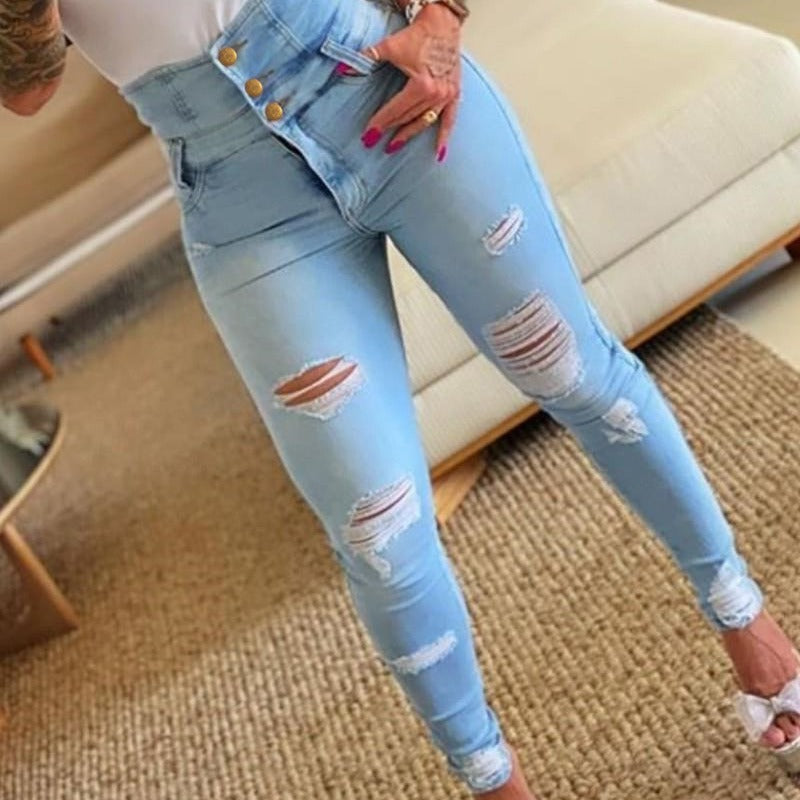 High-waisted jeans for women with worn effect and button details Lune London