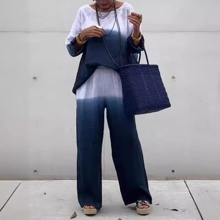 Casual linen outfit for women with wide pants and loose blouse Lune London