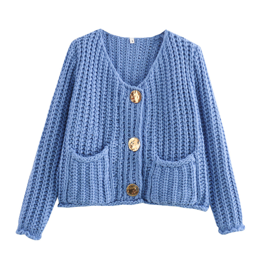 Ladies Sweatshirt in Knit with Large Buttons and Patch Pockets Lune London