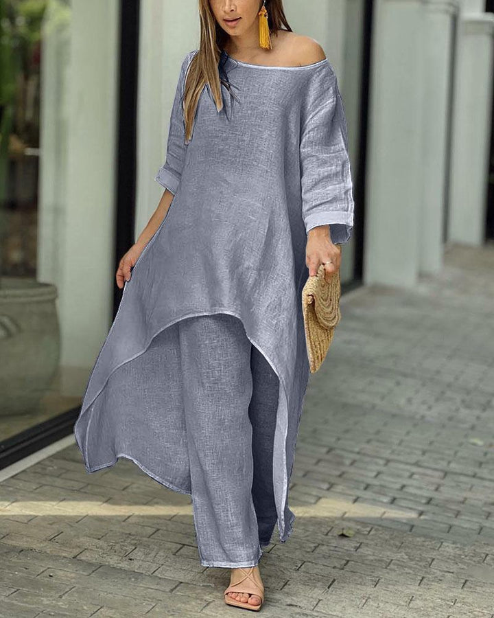 Asymmetrical elegant linen tunic set for women and Lune London pants