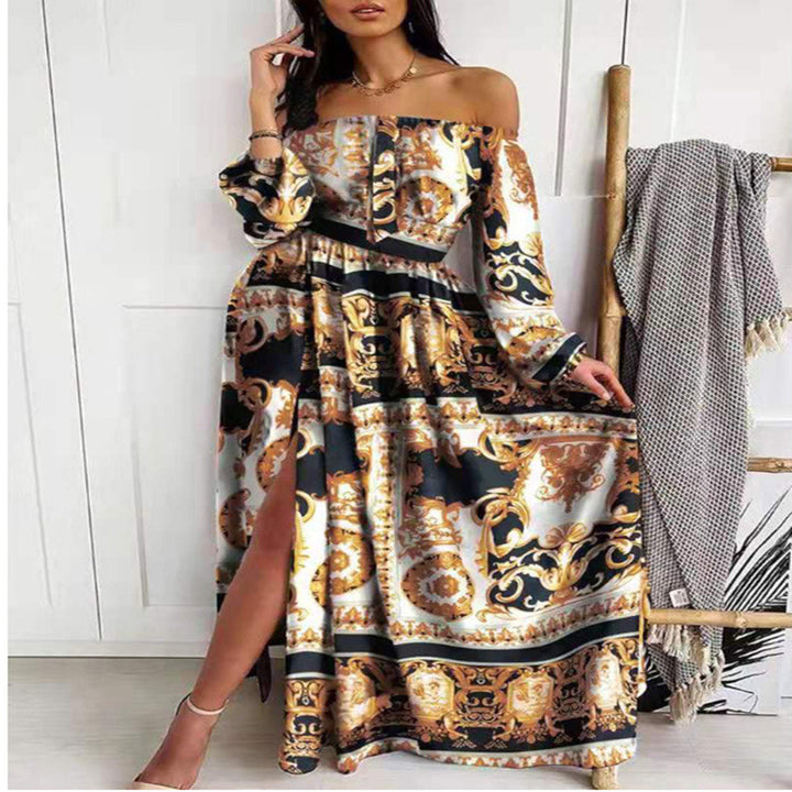 Off-shoulder maxi dress for women with elegant print Lune London