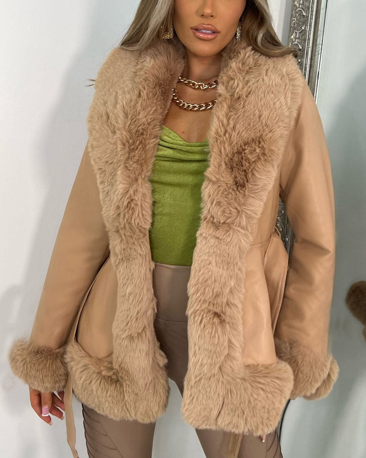 Lune London | Fur Collar Lacing At The Waist Stitched Pu Leather Jacket