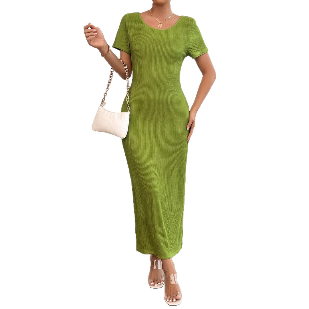 Chic & Stil Women's Ribbed Maxi Dress with Fitted Cut and Short Sleeves