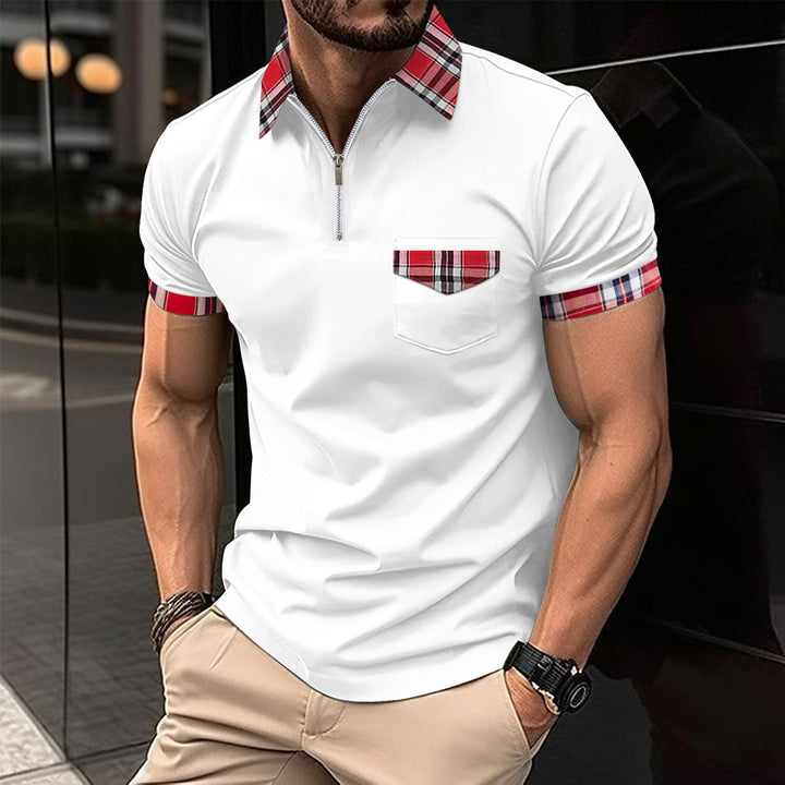 Men's modern half-zip polo with chic and stylish check detail