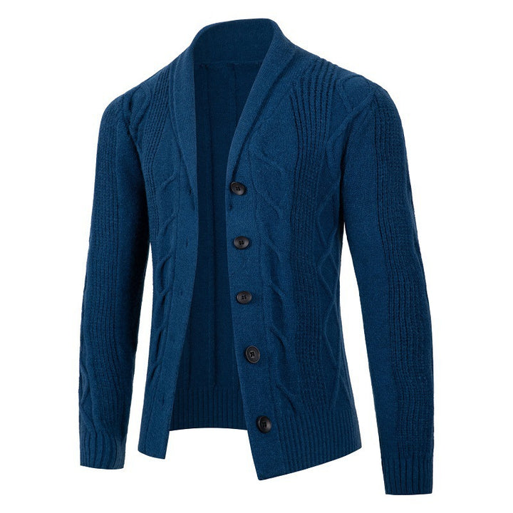 Trendy knitted jacket for men with high collar and decorative cable design Lune London