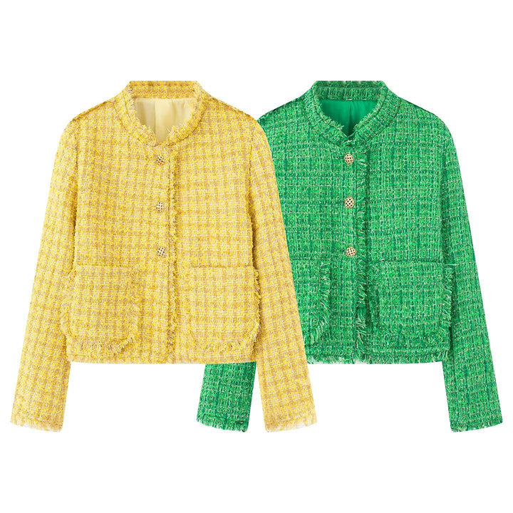 Ladies elegant short jacket in textured fabric with golden buttons Lune London