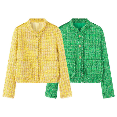 Ladies elegant short jacket in textured fabric with golden buttons Lune London