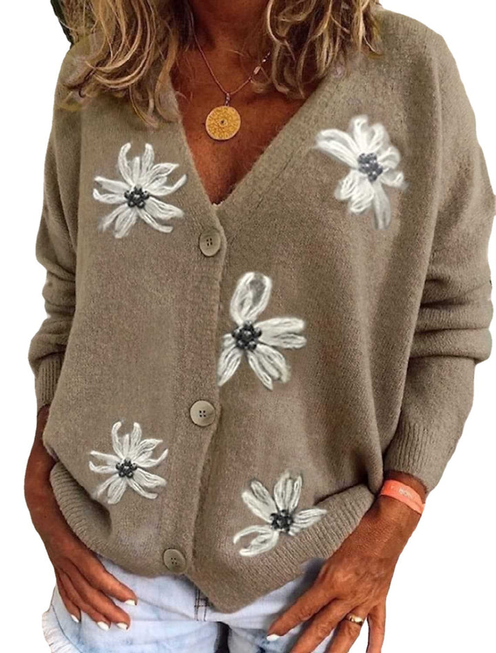 Women Comfortable Knitted Cardigan with Floral Pattern and Continuous Button Placket Lune London