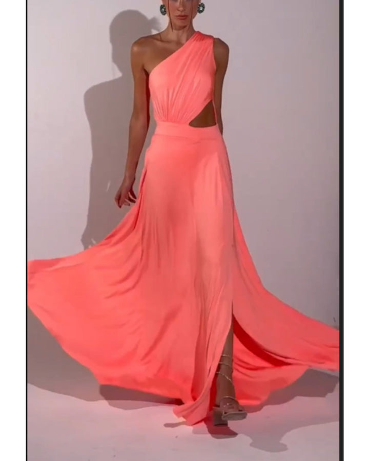 Women Asymmetric Maxi Dress with Cut-Out Details and Flowing Fabric Lune London