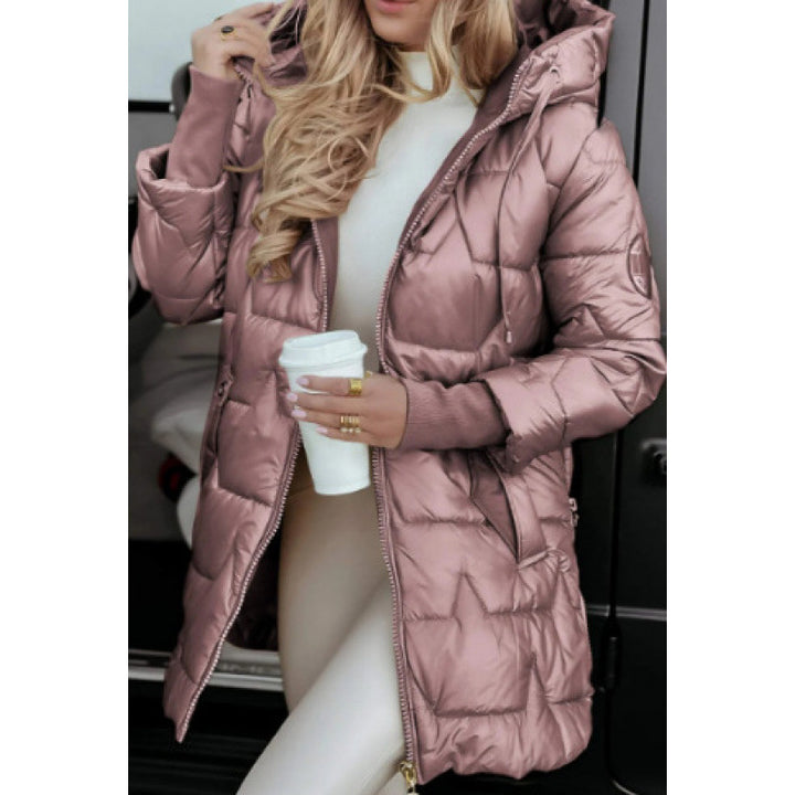 Ladies Longline down jacket with removable hood lining and side zip pockets Lune London