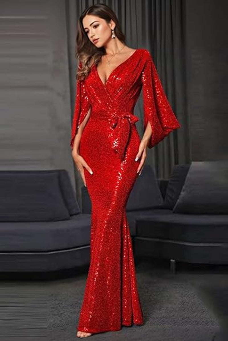 Women's Glamorous Sequin Evening Dress with Deep V-Neck and Flowing Skirt Lune London