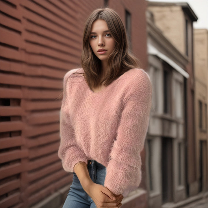 Ladies viscose sweater with voluminous sleeves and V-neck Lune London