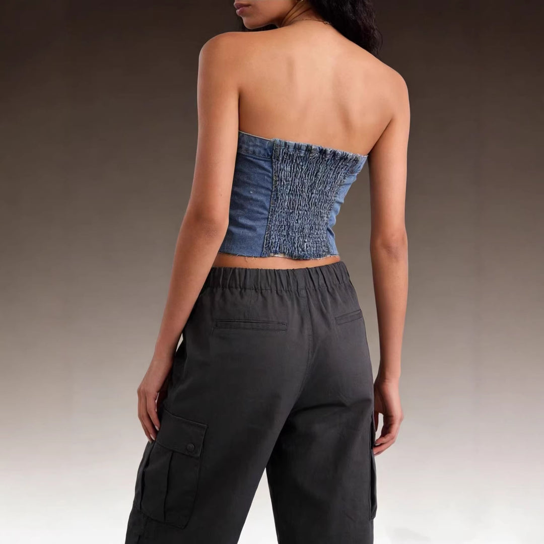 Women Denim Bustier Top with Button Detail and Fringes Lune London