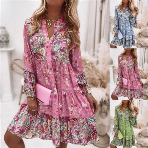 Elegant blouson dress for ladies with floral design and ruffles Lune London