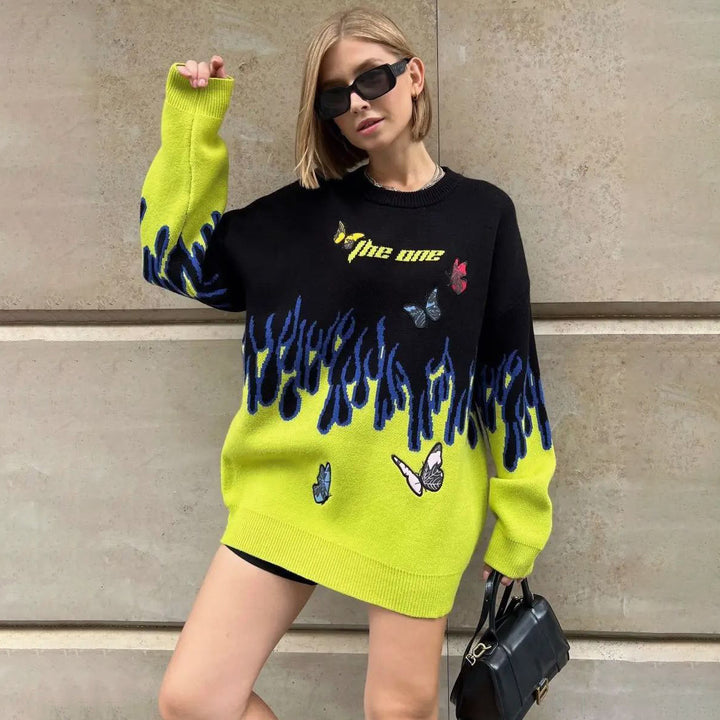 Chunky knit sweater for women with a unique design of flames and butterflies Lune London