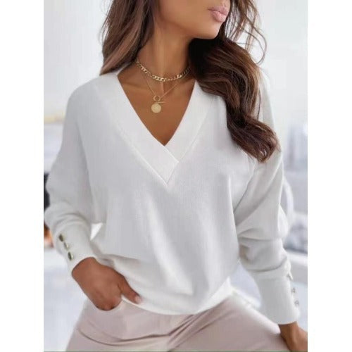 Ladies Long Fashion Sweater with Long Sleeves and V Neck and Button Details Lune London