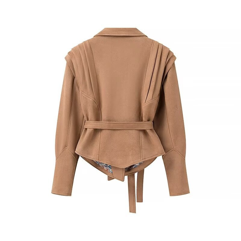 Trendy short blazer jacket for ladies with belt and decorative pleats Lune London