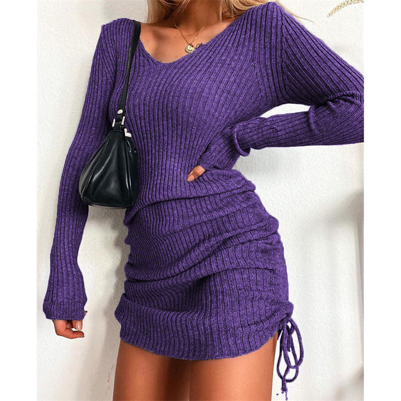 Women's Knit Mini Dress with Ruching and V-Neck Lune London