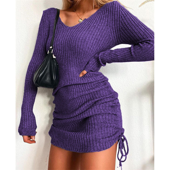 Women's Knit Mini Dress with Ruching and V-Neck Lune London