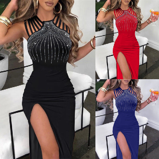 Ladies Elegant Evening Dress with Rhinestone Ornaments and a Deep Slit Lune London