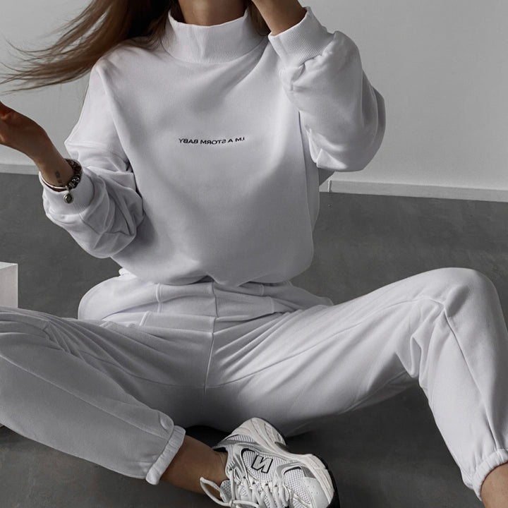 Ladies oversized comfortable sweat outfit with high collar and relaxed cuffs Lune London