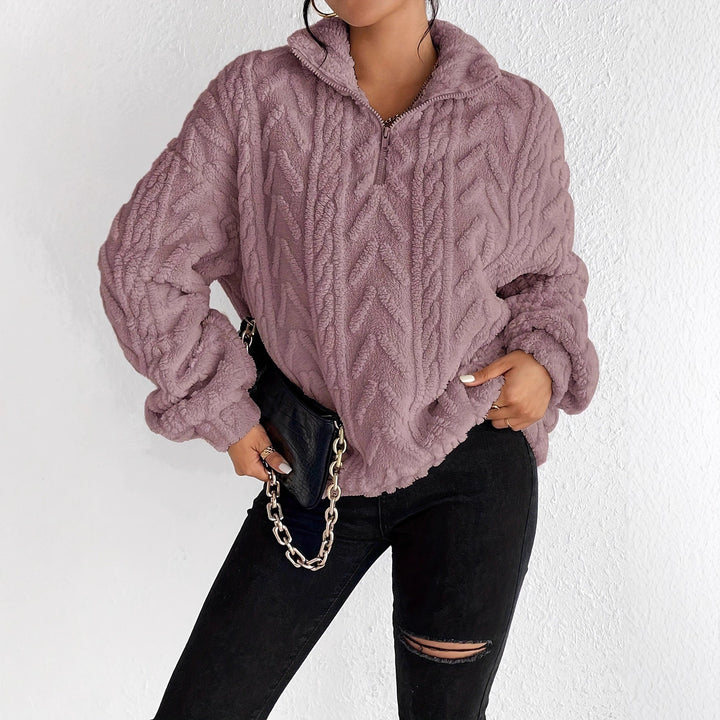 Ladies Cozy Fleece Sweater with High Collar and Zip Detail Lune London