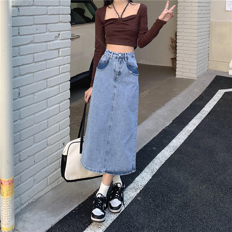 Jupe maxi en denim pour femmes avec taille haute et fente latérale Chic & Stil