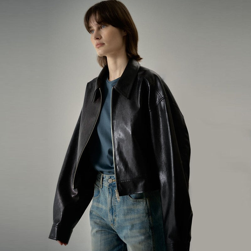 Women's leather jacket with modern oversized cut and innovative details Lune London