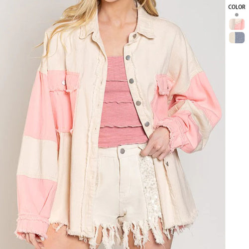 Women's Oversized Denim Jacket with Unique Color Blocks and Fringed Details Lune London