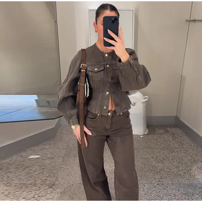 Veste en denim élégante pour femme avec manches bouffantes et détails en boutons Chic & Stil