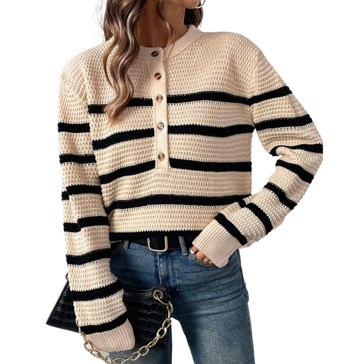 Striped women's sweater with button placket in textured wool Lune London