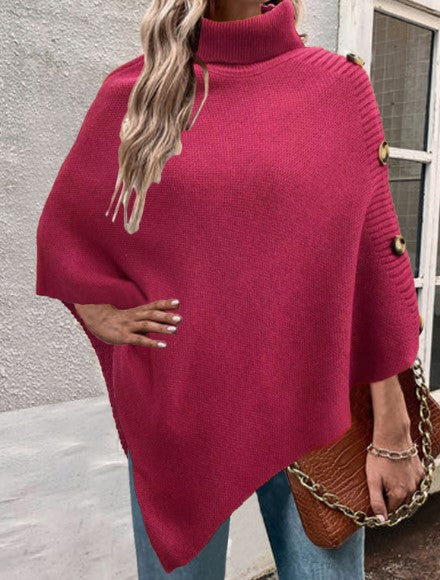Ladies knitted poncho with high collar and button details Lune London